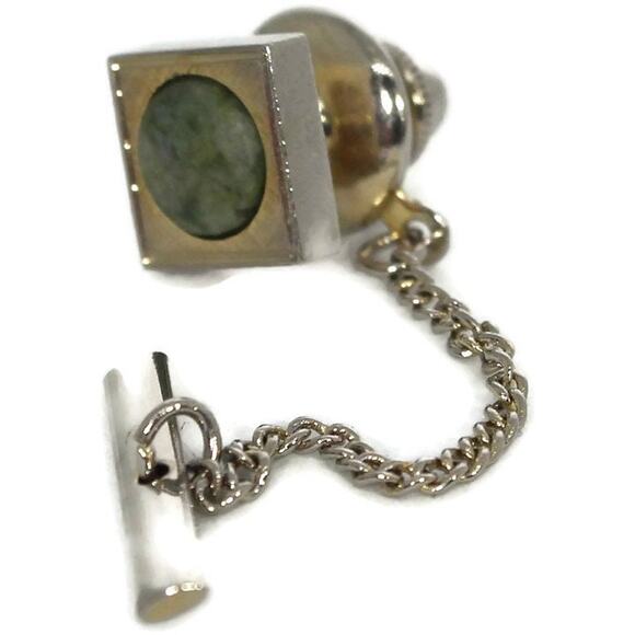 Vintage Gold and Green Stone Tie Tack with Chain, Vintage Men's Accessories - Picture 6 of 10